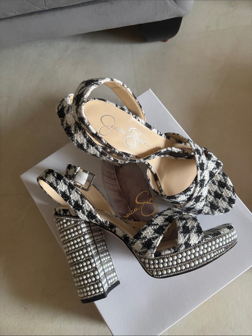 Jessica Simpson Black and White Tweed Pearl Block Heel Sandals